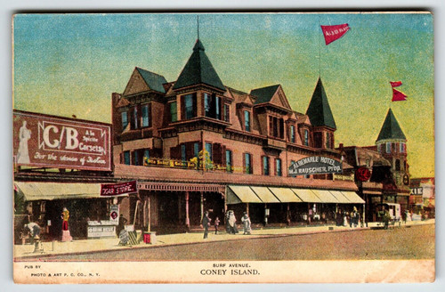 Coney Island New York Postcard Surf Ave Albemarle Hotel Cigar Store C/B Corsets