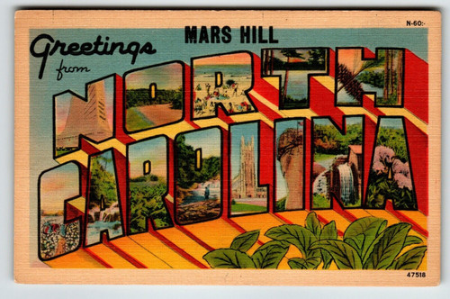 Greetings From Mars Hill North Carolina Large Big Letter Linen Postcard 1943
