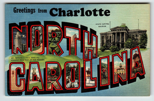 Greetings From Charlotte North Carolina Large Big Letter Linen Postcard Curt Teich Greetings From Charlotte North Carolina Large Big Letter Linen Postcard Curt Teich