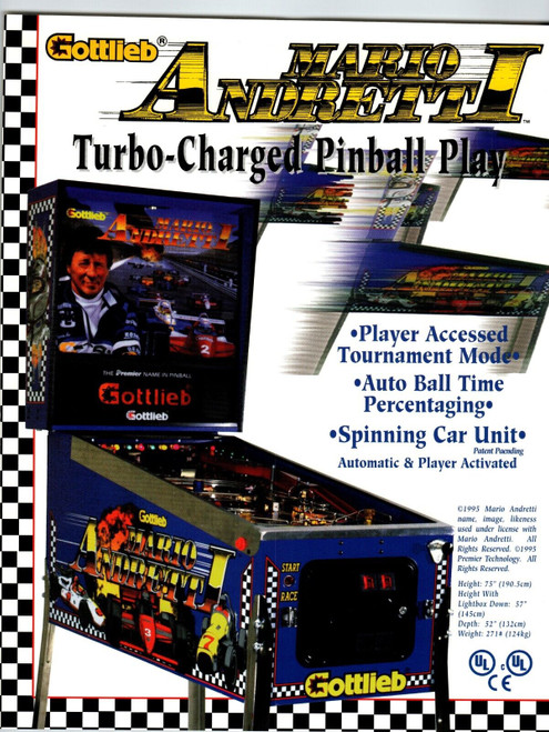 Mario Andretti Pinball Flyer Original Auto Sports Car Racing Artwork 1995