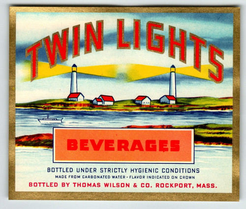 Twin Lights Lighthouses Cottages Boat River Label Original Vintage Beverage