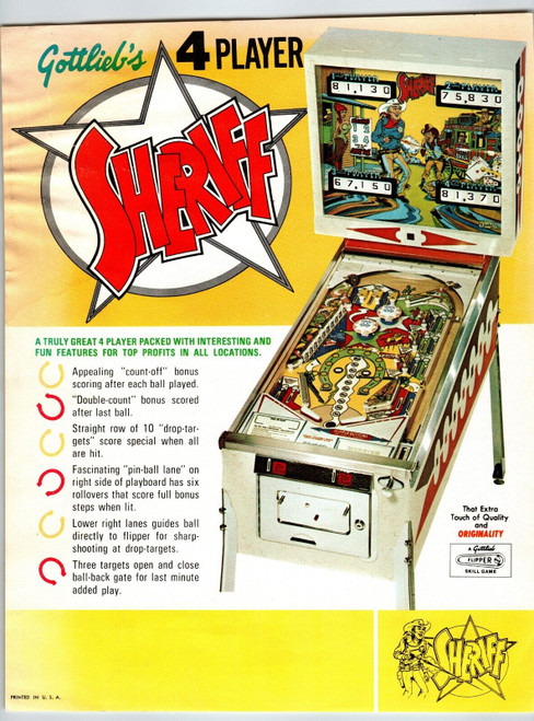 Sheriff Pinball Flyer Original Vintage Retro Game Wild Western Cowboy Art 1971