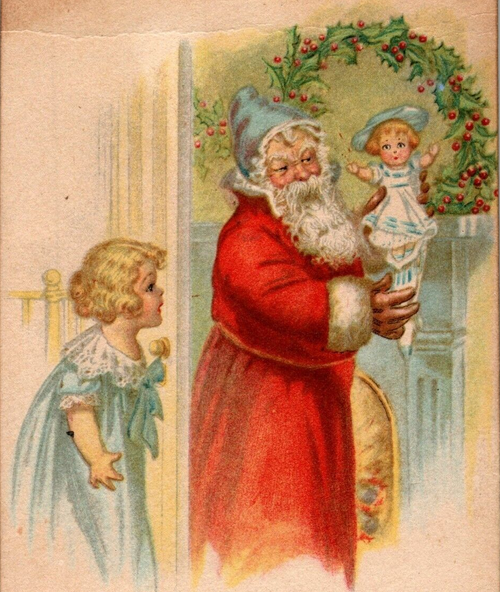 Santa Claus Postcard Blue Hat Holding Baby Toy Doll Girl Wreath Vintage Ser 1039