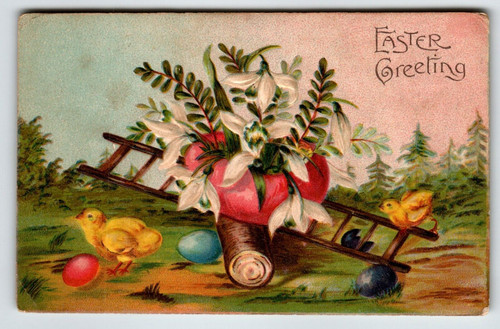 Easter Postcard Baby Chicks Move Flower Arrangement Fantasy Painted Eggs Germany