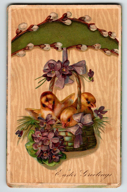 Easter Postcard Basket Of Baby Chicks Flowers Embossed Vintage Germany PFB 6721