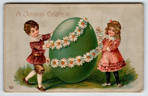 Easter Postcard Children Decorating Giant Painted Egg Germany EAS Unposted