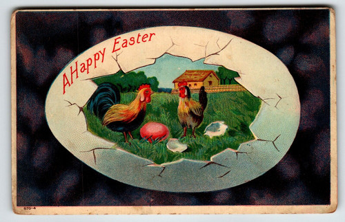 Easter Postcard Rooster Hen Cracked Giant Egg Embossed Series 670-4 Unposted