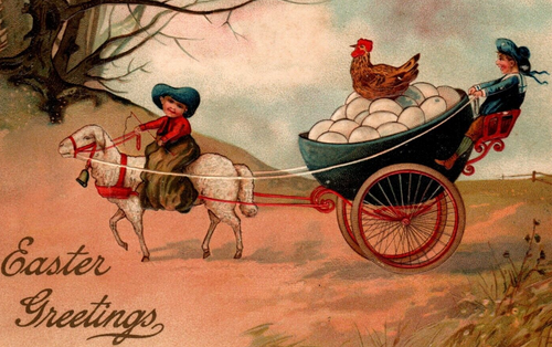 Easter Postcard Children Riding Sheep Egg Cart Boy Cowboy Germany PFB Unposted