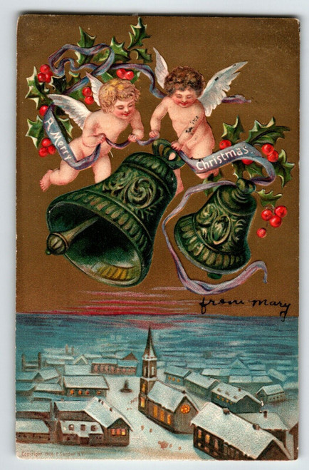 Christmas Postcard Cherubs Angels Embossed Bells Religious Church P Sanders 1908