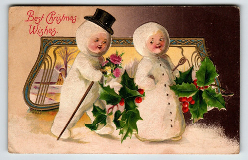 Christmas Postcard Snowman Tophat Cane Snow Women John Winsch Back Germany