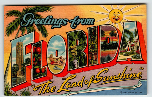 Greetings From Florida Large Letter Linen Land Of Sunshine State Postcard Unused