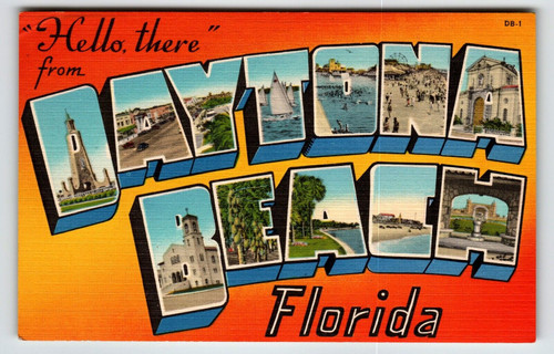 Greetings From Daytona Beach Florida Large Big Letter Linen Postcard Unposted