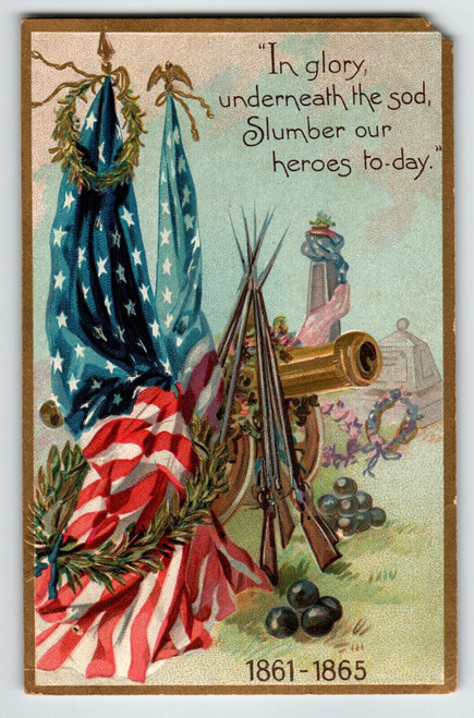 Memorial Decoration Day Postcard Flag Cannon Balls Rifles Grave Wreath 107 Tuck