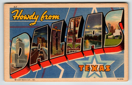 Greetings From Dallas Texas Large Big Letter Linen Postcard Curt Teich Unposted