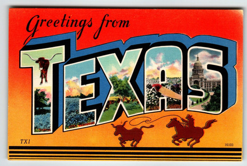 Greetings From Texas Large Big Letter Linen Postcard Horses Cowboy Unposted