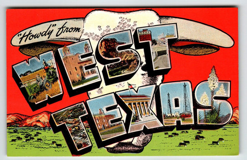 Greetings From West Texas Large Big Letter Linen Postcard Skull Howdy From Kropp