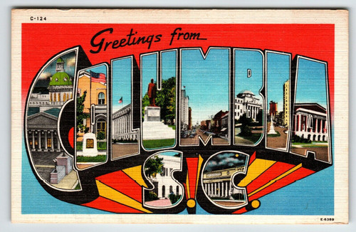 Greetings From Columbia South Carolina Large Big Letter Linen Postcard Unposted