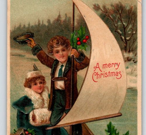 Christmas Postcard Children On Sailboat Girl With Muff BW Germany 296 Embossed