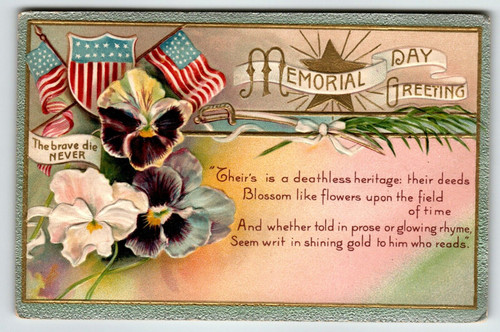 Memorial Decoration Day Postcard Flowers Flags Brave Never Die John Winsch Back