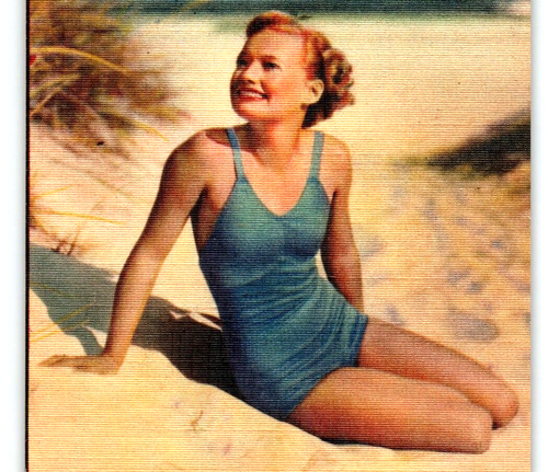 Bathing Swimsuit Blond Women On Beach Linen Postcard Vintage Unposted Asheville