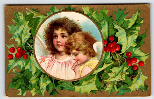 Christmas Postcard Cherub Angels Holly Leaves Vintage Embossed AMP Series 407