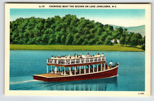 Cherokee Boat Lake Junaluska North Carolina Linen Postcard Unused NC Double Deck