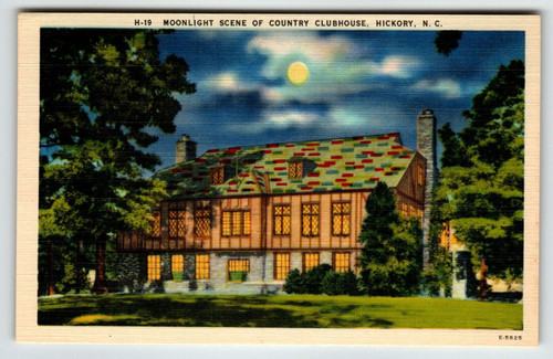 Moonlight Scene Country Clubhouse Hickory North Carolina Linen Postcard Unposted