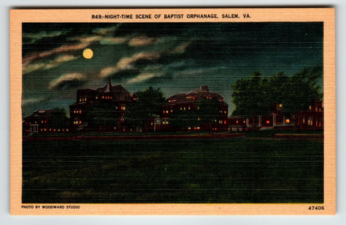 Night Time Moon Lit Baptist Orphanage Salem Virginia Postcard Linen Unposted VA