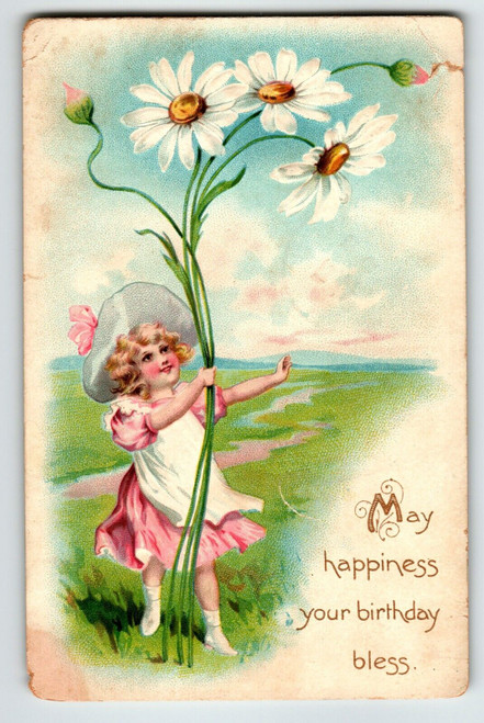 Tuck Birthday Greeting Postcard Girl Holding Giant Daisy Flowers 1907 Embossed