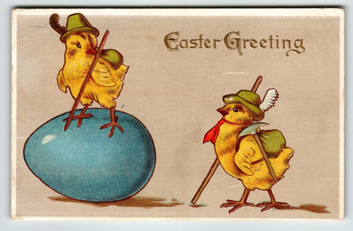 Easter Postcard Dressed Baby Chicks In Alpine Hats Giant Egg Winsch Back Ser 100