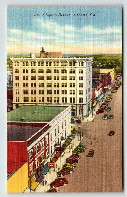 Clayton Street Athens Georgia Postcard Unposted Linen Old Cars Automobiles Store