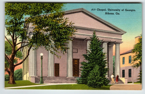 Chapel University Of Athens Georgia Postcard Unposted Linen Building People Tree