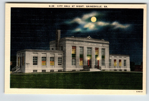 City Hall At Night Gainesville Georgia Postcard Unposted Linen Building Moon