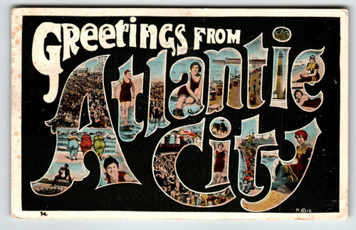 Greetings From Atlantic City New Jersey Large Big Letter Postcard P Sander 1921