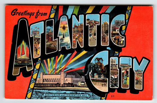 Greetings Atlantic City New Jersey Large Big Letter Linen Postcard Lucy Elephant