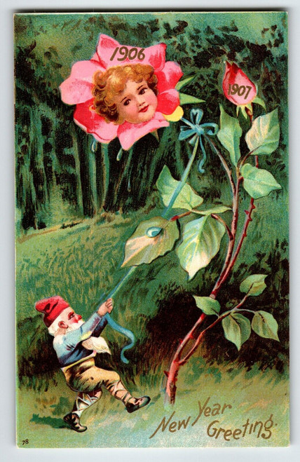 New Year Postcard Fantasy Gnome Flower Faced Baby International Art Unposted 78