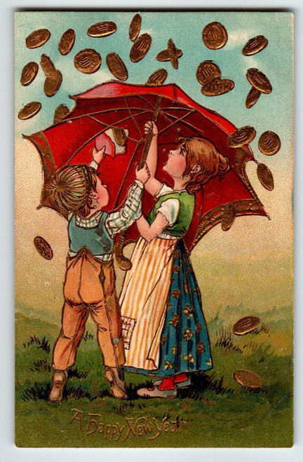 New Year Postcard Boy Girl Gold Trimmed Coins Raining On Umbrella Embossed Art