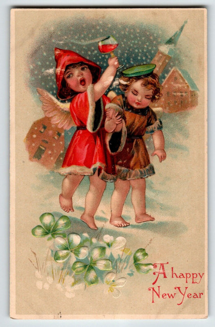 New Year Postcard Cherub Angels Fantasy Wine Glass Church BW Series 302 Germany