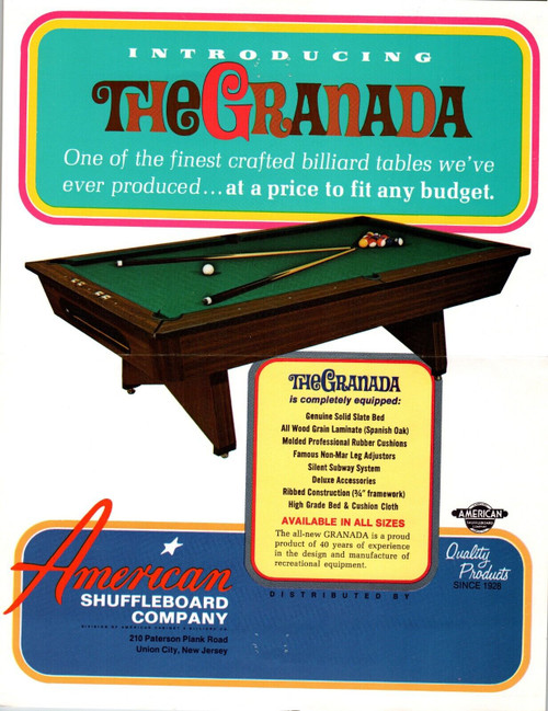 The Granada Pool Table Flyer Original Vintage Billiards Game Artwork Promo 1968