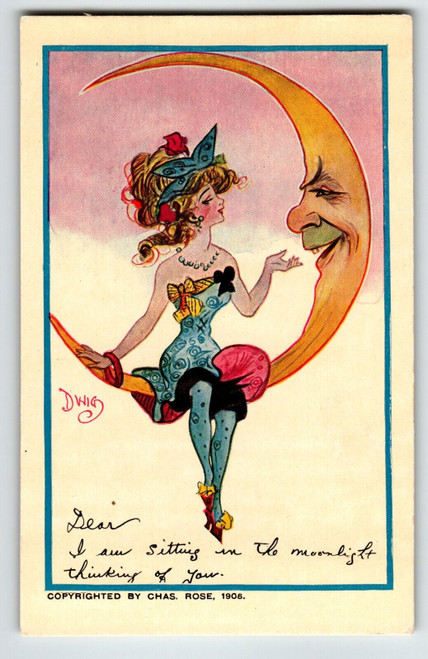 Dwig Signed Postcard Lady Crescent Moon Man Human Face Fantasy 1908 Chas Rose 21