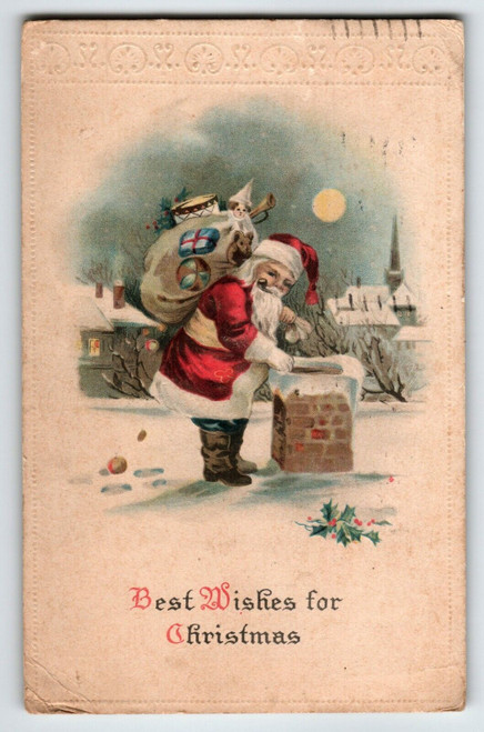 Christmas Postcard Santa Claus Smokes Pipe Toys Chimney Roof Moon Church 1924