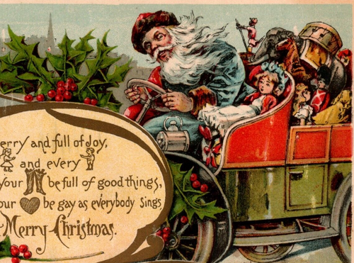 Christmas Postcard Santa Claus Blue Robe Drives Jalopy Auto Car Metropolitan 790