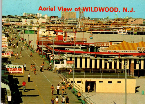 Wildwood New Jersey Postcard Boardwalk Rides Carousel Sign Beach Skyride Piers