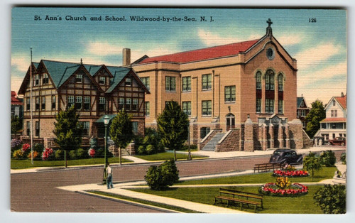 Wildwood New Jersey Postcard St Ann Roman Catholic Church Old Car Linen Unposted