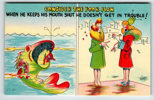 Consider The Poor Fish Linen Postcard Comical Fishing Humor Unposted Vintage