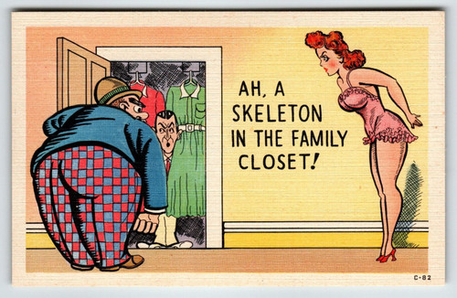 Skeleton In The Family Closet Sexy Linen Postcard Comical Humor Unposted Vintage