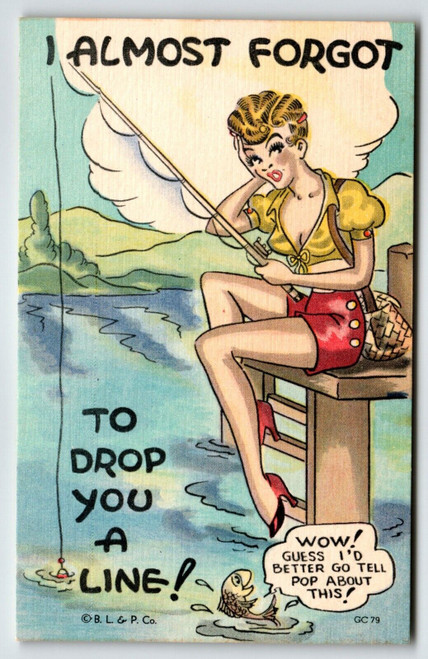 Women Fishing Drop You A Line Sexy Linen Postcard Comical Humor Unposted Vintage