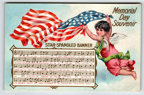 Decoration Memorial Day Postcard Star Spangled Banner Cupid Angel Flag Unposted