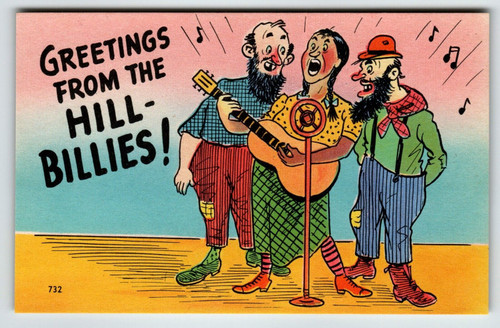 Greetings From The Hillbillies Linen Postcard Guitar Music Note Comical Unposted