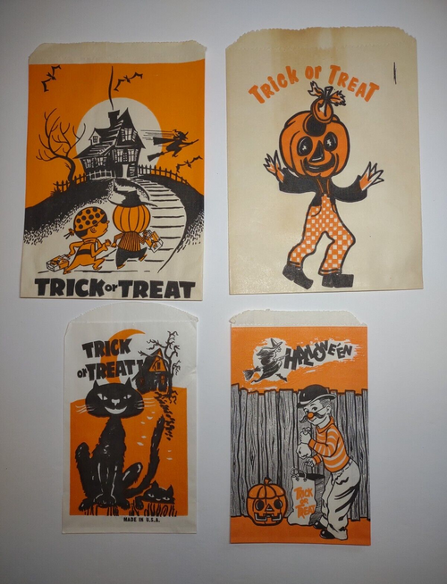 Halloween Candy Bags 4 Goblin Man Black Cat Witch Anthropomorphic Haunted House